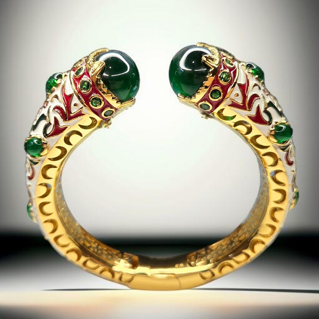Divine 18k Gold Plated Chunky Artisan Enamel Emerald Glass Cabochon Bracelet 189$